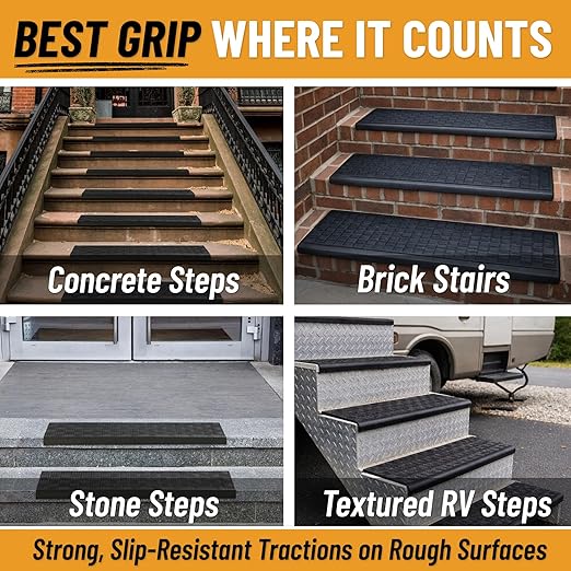 Ottomanson Outdoor Bullnose Stair Treads – Ribbed Heavy-Duty Non Slip Stair Mats – Strong Grip for Concrete, Brick & Textured Steps – Requires Fastening on Wooden & RV Steps, Pack of 5