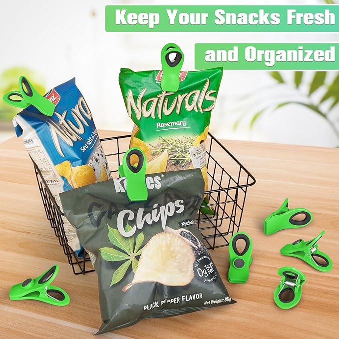 12 Pack Magnetic Chip Clips Bag Clips, Clip for Food Packages, Kitchen Clip with Magnet for Refrigerator, Green Plastic for Food Storage, Chips and Snack