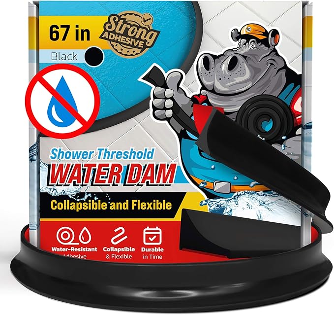 Shower Threshold Water Dam Barrier 67" - Black Collapsible Walk in Shower Water Guard - Door Bottom Seal Strip Leak Guard by Hippo Dam