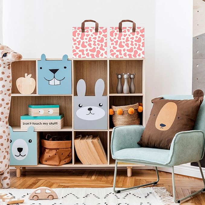Pink Cow Print Storage Basket Waterproof Canvas Toy Storage Bin Cute Room Decor Collapsible Outdoor Basket with Leather Handles Pink Decor Blanket Baskets For Closets,Bedrooms,Gifts Baskets