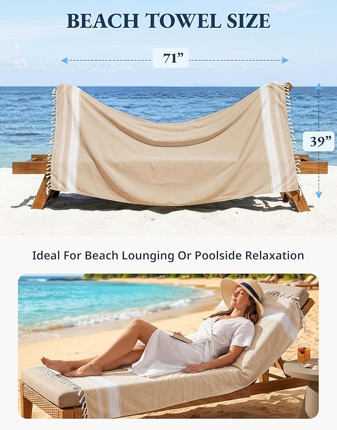 LANE LINEN Beach Towels for Women, Large Beach Towels Oversized, Pre-Washed, No-Shrink Sand Free, Quick Dry, Lightweight Travel Towel,Soft Beach Bath Towel, 39"x71" - Beige