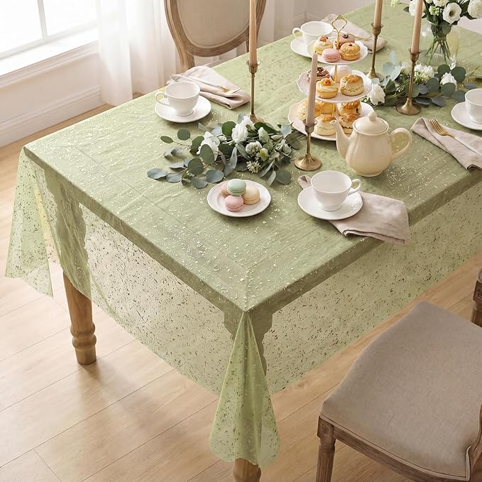 Horaldaily Sage Green Gauze Tablecloth 60x60 Inch Square, Golden Sequin Glitter Metallic Foil, Sheer Tulle Cheesecloth for Wedding Baby Shower Ceremony Birthday