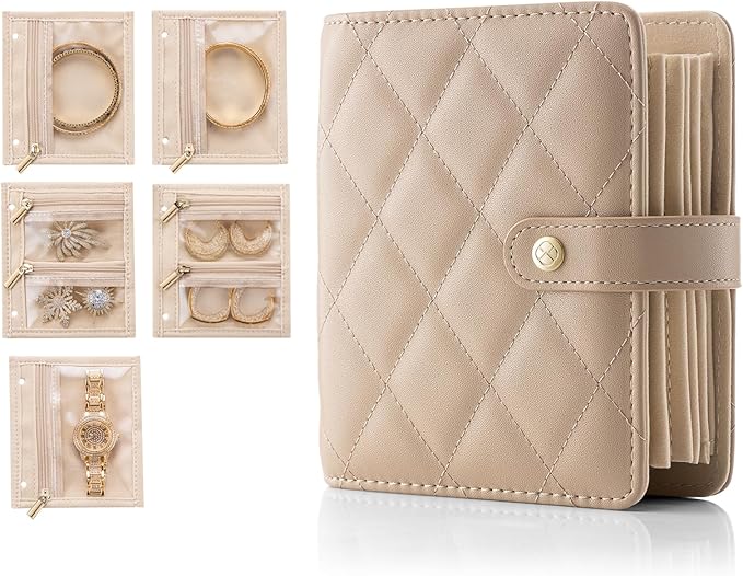 Vlando Small Jewelry Book Organizer - Leather Travel Jewelry Case with 5 Detachable Pages for Necklaces, Rings, Earrings, Tangle-Free, Giftable, Latte