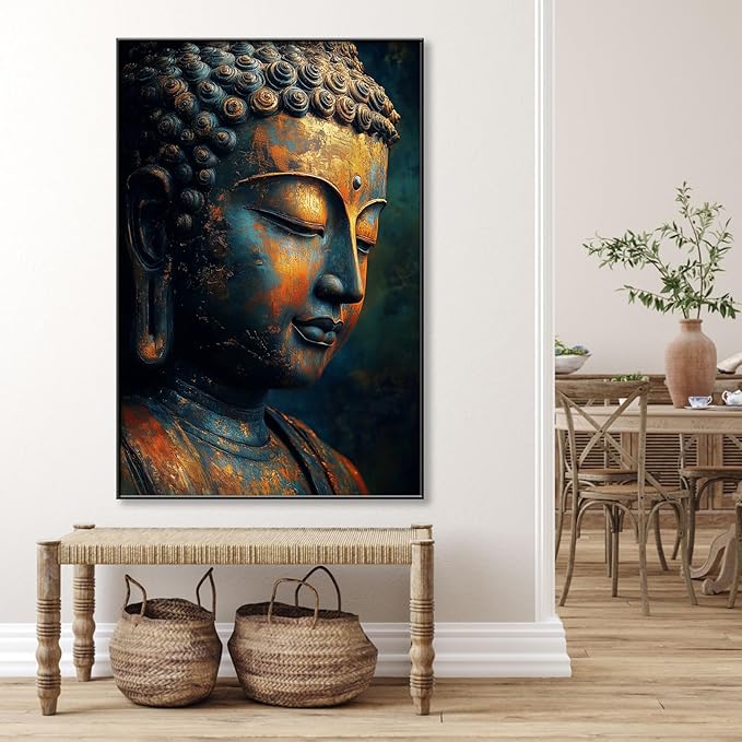 Buddha Statue Canvas Art, Zen Meditation Décor, Framed Print for Bedroom, Yoga Room, and Living Room (Black Framed, 24"x36"|62x92cm)