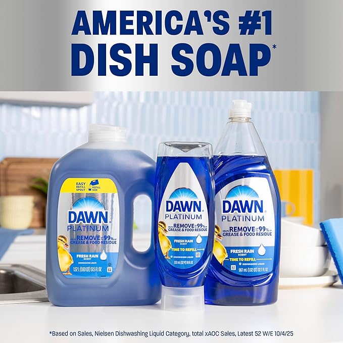 Dawn Platinum Dish Soap Fresh Rain Scent Liquid Dishwashing Detergent, Powerful Dawn Dish Soap for Tough Grease Removal, 30 oz