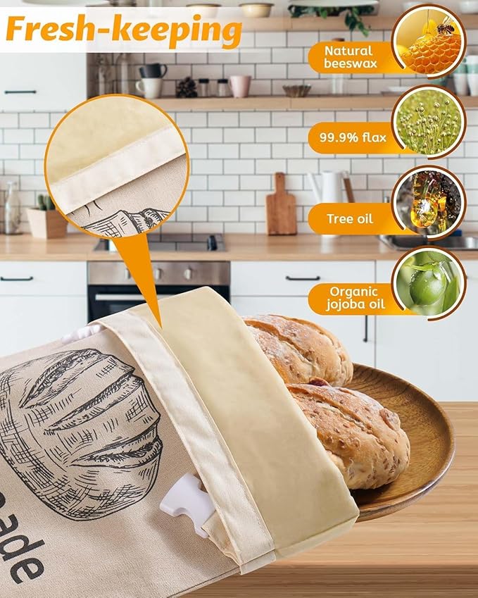 2 Pack Beeswax Bread Bags for Sourdough,Reusable Organic Linen Beeswax Bread Bag for Homemade Sourdough 17 x 12.6 Inches Food Storage Cloth Bag – Freezer-Friendly & Freshness Preservation