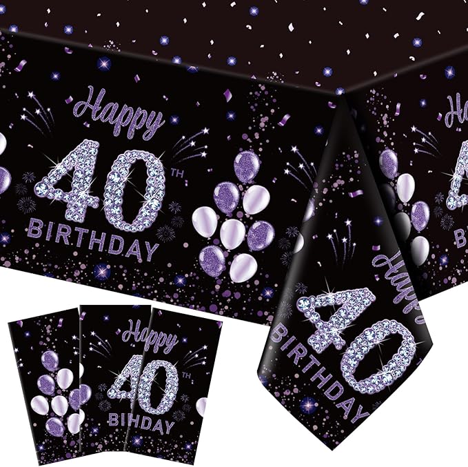 Ganeen 3 Pack 40th Birthday Tablecloth Purple Black Happy 40th Birthday Decorations Disposable Plastic Rectangular Table Cover for Party Supplies Women Men, 108 x 54 Inch