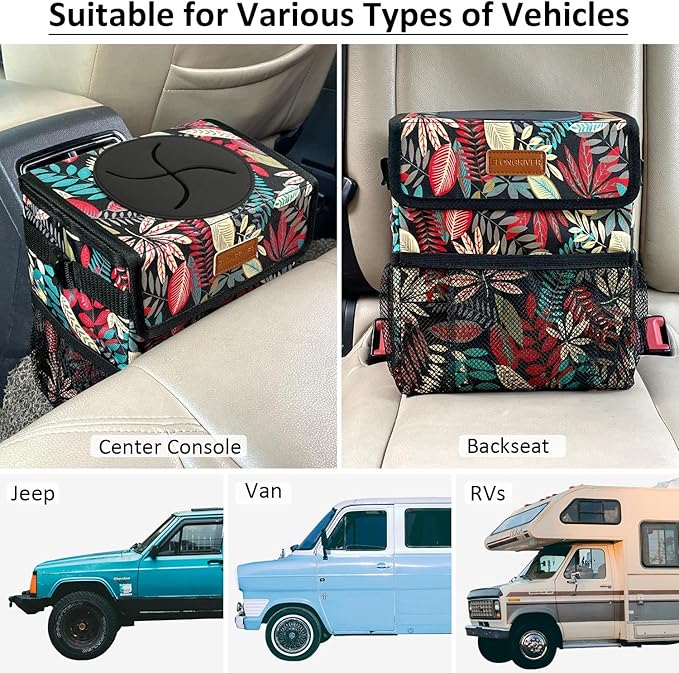 ELONGRIVER Car Trash Can Bin for Back Seat Leak Proof, Cute Car Trash Bag Hanging, Vehicle Trash Can for SUV Truck Van, Automotive Garbage Cans Front Seat Red Leaves