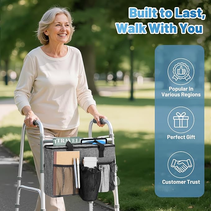 Rhino Valley Walker Bag, Large Capacity Walker Accessories Storage Bag with Multi Pockets & Cup Holder, Walker Basket with 4 pockets for Universal Walkers for Seniors, Gray