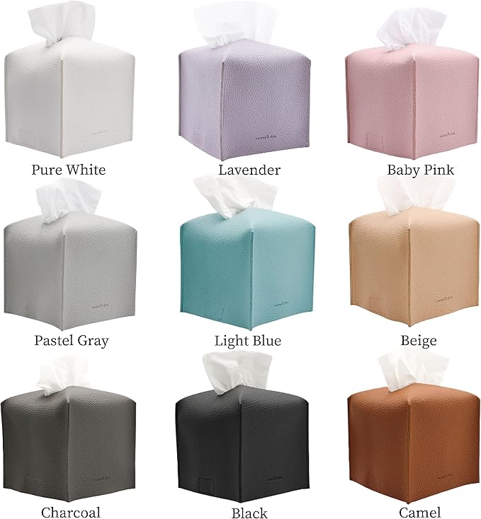 Tissue Box Cover Holder, Square with Bottom Belt by Carrot's Den - PU Leather Decorative Organizer for Tabletop, Bathroom, Car, Office (Light Blue)