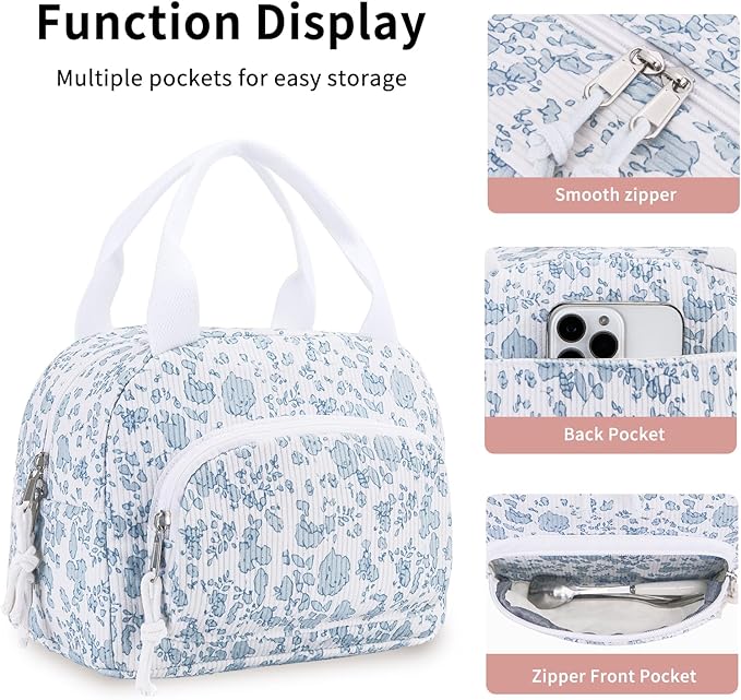 Lunch Bag Women Lunch Box for Women Adult Cute Insulated Lunch Bag Small Cooler Lunch Tote Bags for Work Picnic Travel (Blue-Floral)