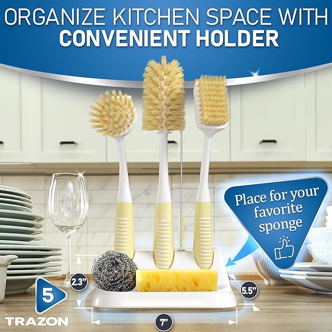 Dish Brush Set of 5 with Holder - Kitchen Scrub Brushes with Non-Slip Long Handle for Cleaning, Scrubber, Dishwashing, Dishes, Bottles, Straws, Cups, Pots & Sink, Beige