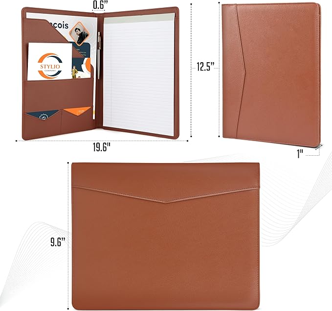 STYLIO Padfolio Portfolio Organizer Binder (Tan Color) | Interview Resume Folder, Document, Business Card Holder |w/Letter-Sized Notepad | Handsome Brown Faux Leather Folio Matte Finish