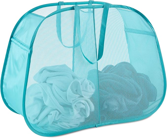 Mesh Popup Laundry Hamper 2 Compartment, Collapsible Laundry Sorter Basket Foldable Hamper for Clothes, College Dorm, Travel (Turquoise Blue)