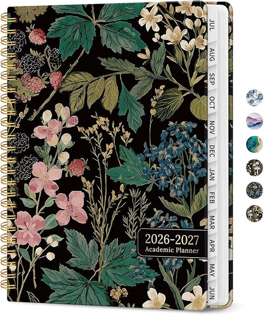 Planner 2026-2027, Academic Monthly and Weekly Calendar Planner for Women, July 2026 - June 2027, Hardcover Pretty Agenda Planner Book with Tabs, Spiral Daily Organizer for School Office Home Supplies, 8.5" x 11" - Forest Botanica