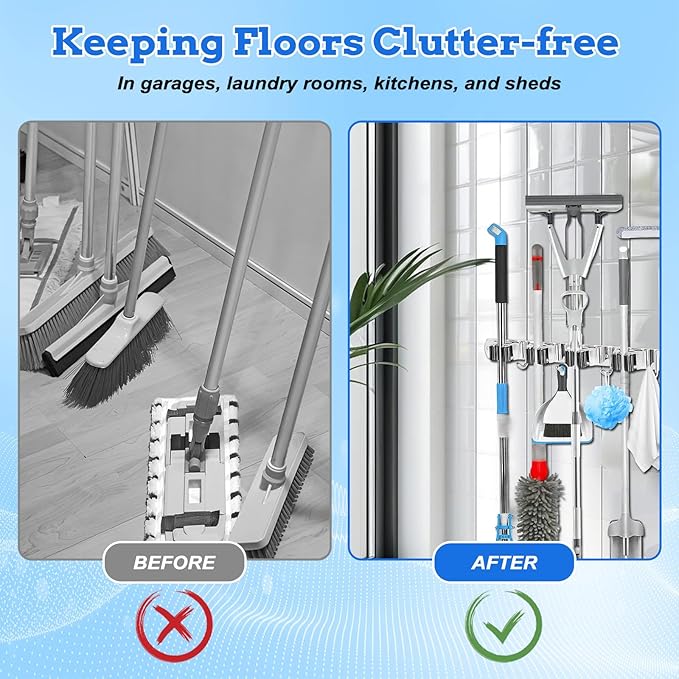 2 Pack Heavy Duty Wall Mount Broom Holder – Stainless Steel with 5 Racks & 4 Hooks Broom Organizer– Self-Adhesive or Screw Mount Mop Holder for Garage, Laundry, Kitchen – Silver