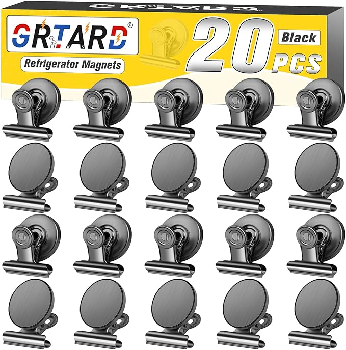 Grtard 20 Pack Magnetic Clips Heavy Duty, Magnet Clips for Fridge, Refrigerator Magnets with Clips, No-Scratch Strong Magnetic Clips for Refrigerator, Whiteboard, Cruise Cabins, Locker (Black)