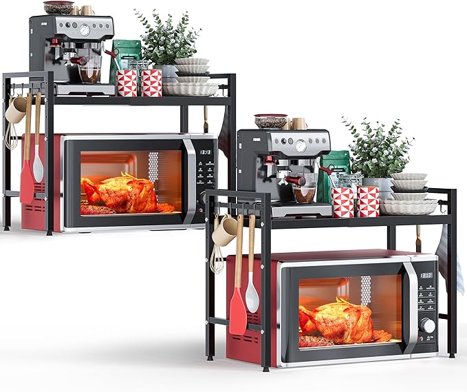 NETEL 2 Pcs Expandable Microwave Stand, 2-Tier Metal Kitchen Countertop Organizer Shelves with 8 Hooks, Bakers Rack, Microwave Shelf, Microwave Oven Rack, 55lbs Weight Capacity