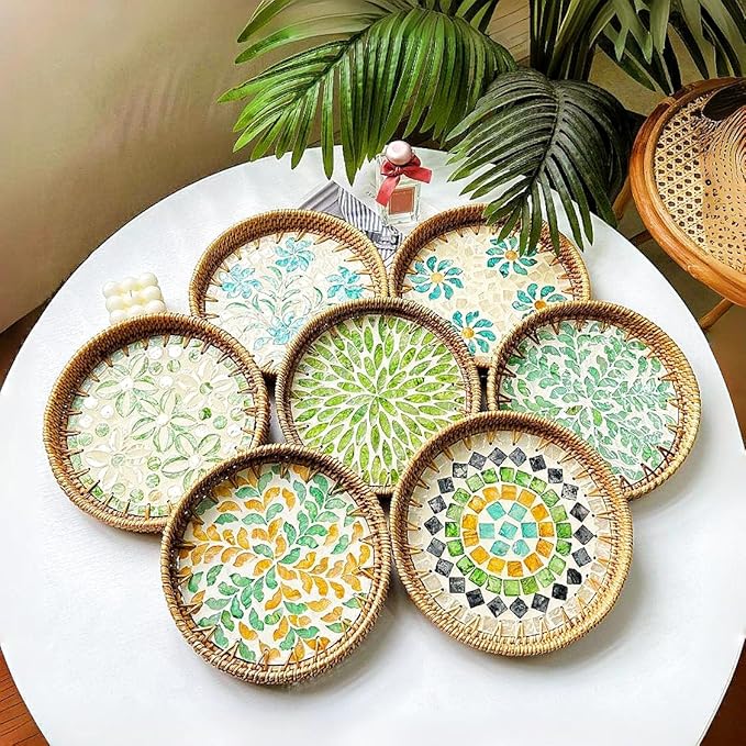Handmade Round Rattan Tray with Mother of Pearl Inlay, Rattan Serving Tray with Wooden Base, Table Decoration with Wicker Baskets, for Storing and Displaying Bread, Fruit, Desserts (Green Grape)