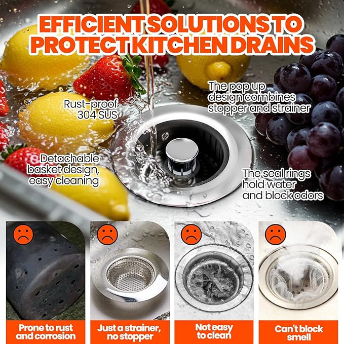 Sink Drain Strainer - Sink Stopper, 3-in-1 Kitchen Stainless Steel Drain Plug with Anti-Clog Basket, Pop-Up Cover Fits Standard 3-1/2” Openings for Double Bowl Kitchen Sinks,Black