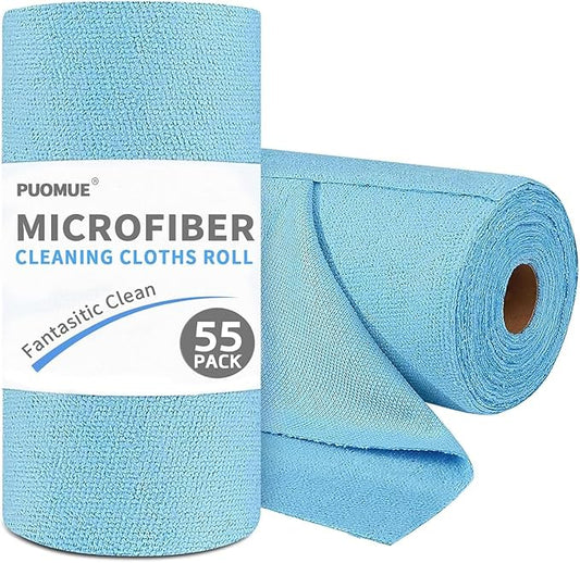 Puomue 55 Pack Microfiber Cleaning Cloth Roll, Tear Away Reusable Paper Towels, 11" X 9", Ultra Absorbent & Lint Free Microfiber Cloth for Cleaning Cars, Kitchen, Window, Home and Shop, Blue