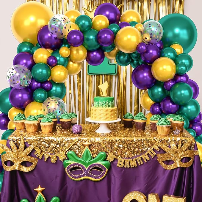 Amandir 153pcs Mardi Decorations Gras Balloons Arch Garland Kit, Different Sizes 18 12 10 5inch Pearl Purple Green Gold Confetti Mardi Balloons for Gras Fat Tuesday Carnival Birthday Party Supplies