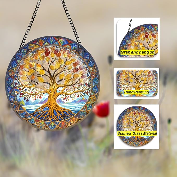 Tree of Life Suncatcher 8 Inch Stained Glass Window Hanging Diamond Chain Hooks – Indoor/Outdoor Window Wall Art Home Décor -Gift for Women Men Valentine's Day Thanksgiving Ornaments Festival Gifts