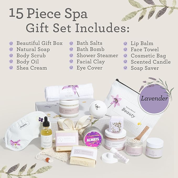 Lizush Luxury Spa Gifts for Women - 15 Piece Lavender Gifts for Her, Gift Baskets for Women, Body Care Set for Mom, Birthday Box, Self Care Spa Kit For Wife - Handmade in the USA