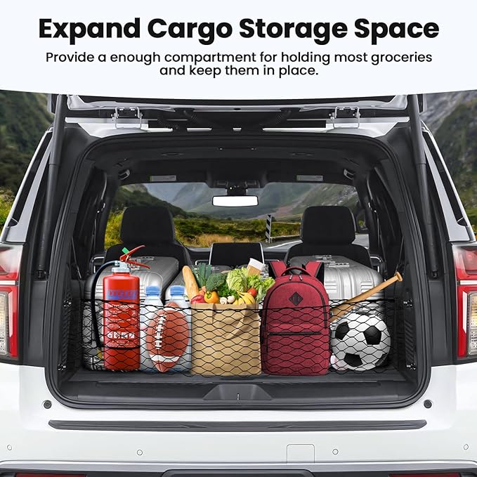 Cargo Net for Chevy Suburban Tahoe GMC Yukon & Yukon XL Cadillac Escalade 2021–2025 2026 Envelope Style Heavy Duty Elastic Mesh Trunk Cargo Organizer Easy Install Storage Net with Hooks