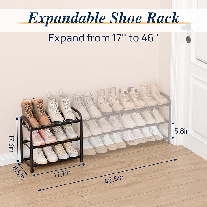 ENJOYBASICS Expandable Shoe Rack, 46.5'' Wide - 20 Pairs Adjustable Shoe Organizer Shelf for Closet, 3-Tier Black Metal Free Standing Shoe Rack Storage for Small Space, Entryway