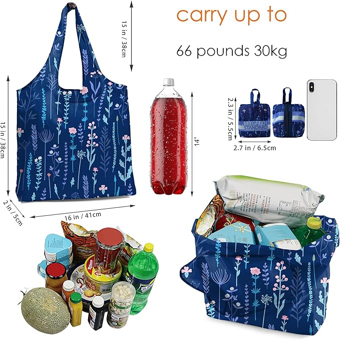 BeeGreen Floral Reusable-Grocery-Bags-Foldable-Machine-Washable Flower Reusable-Shopping-Bags Extra Large Reusable Bags Totes 66 Lbs Ultra-Lightweight Polyester Fabric