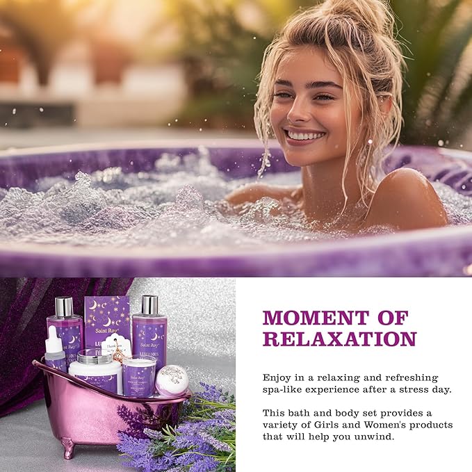 Bath Basket Spa Kit Spa Gifts for Women, Luxury Bath and Body Basket Set 10pcs Self Care Kit Lavender Scent Birthday Gifts Skin Care Set, Christmas Gifts for Women, Beauty kits Bridal Shower