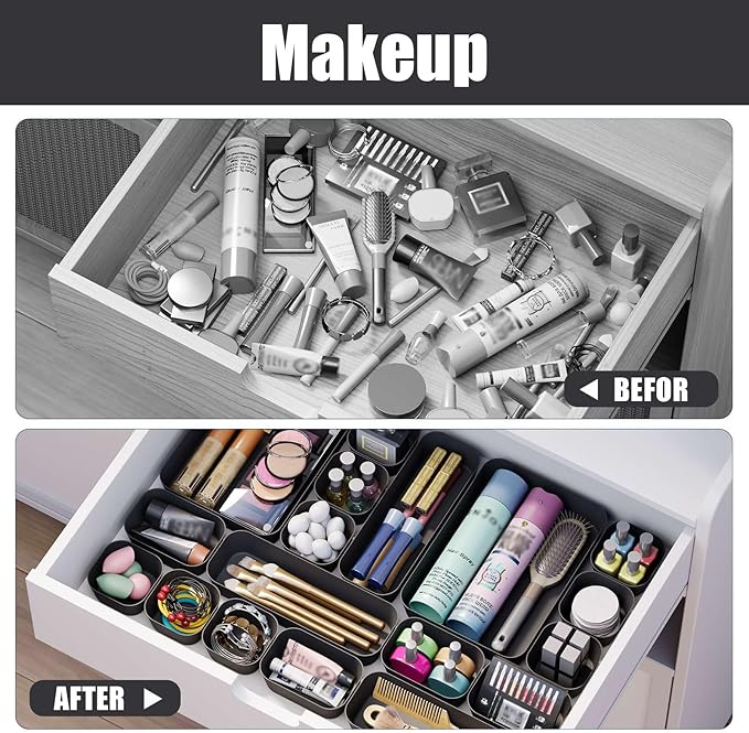 Homhut Plastic Drawer Organizers, 28 PCS Drawer Organizer Bins, Bathroom and Vanity Organizer Plastic Tray, Makeup Organizer and Storage for Makeup, Bedroom, Kitchen Gadgets Utensils, and Office