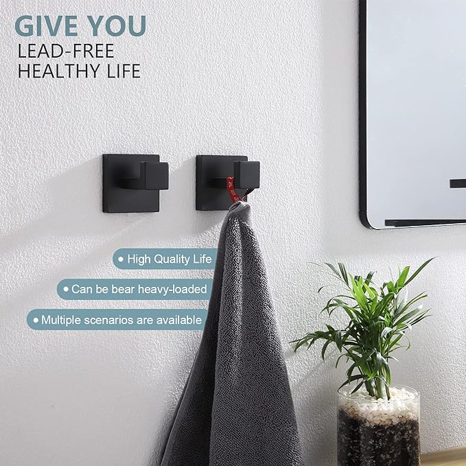 KOKOSIRI Bath Towel Hook Wall Mount Square Robe Hook Coat Hook, Bathroom Kitchen Garage Heavy Duty Wall Mounted, SUS 304 Stainless Steel, Matte Black, B1010BK-P2