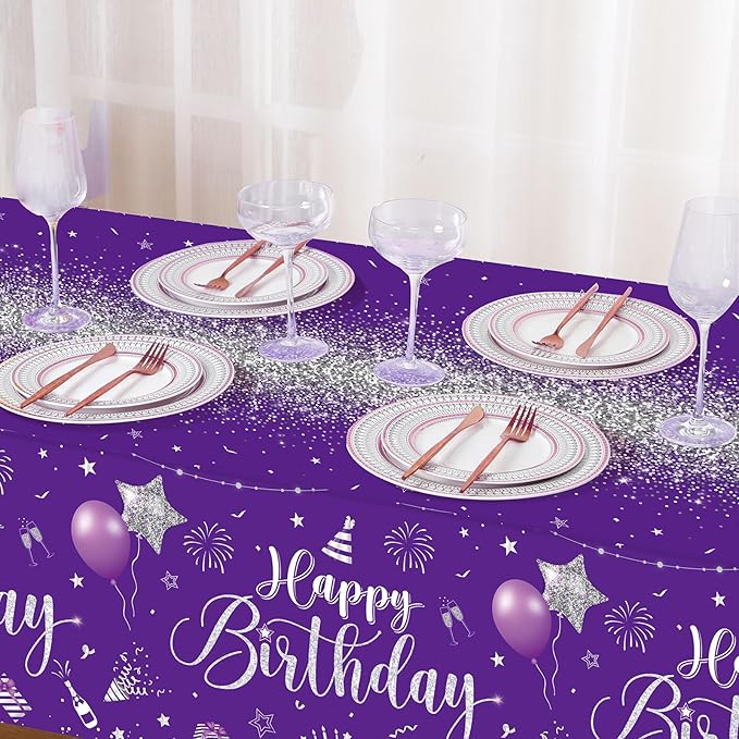 Tudomro 3 Pcs Happy Birthday Tablecloths Happy Birthday Party Decorations Plastic Table Cover Rectangular Cloths for Women Men Baby Shower Party Supplies, 108 x 54 Inch (Purple Silver)