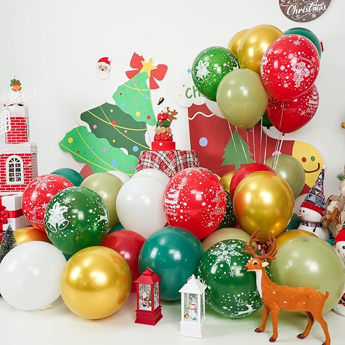 Christmas Balloons, Red Green Gold Balloons with Tree Elk Santa Claus Print Balloon, Retro Green Gold Red and White Xmas Party Balloon for Christmas Birthday New Year Winter Holiday Party Decorations