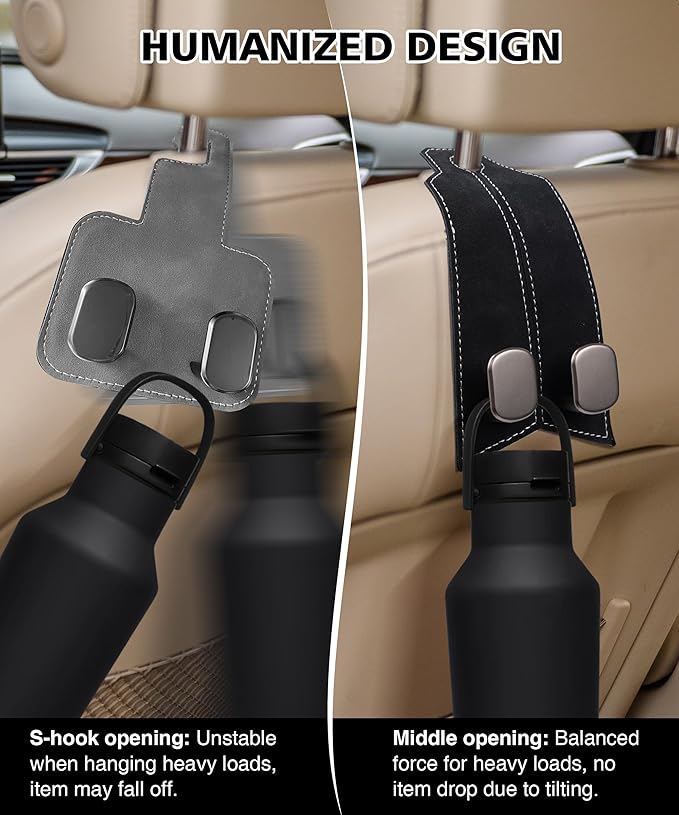 MOBIKEY Purse Hook for Car, Car Hooks for Headrest Car Seat Hooks Purse Hanger for Car 100% Metal & Premium Leather 2025 Latest Car Organization Accessories for Bags, Purses, Phones etc (Black 2Pcs)