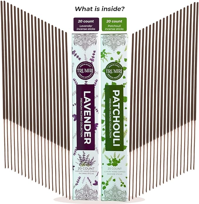 Trumiri Incense Sticks - Combo Pack of 40 Insence-Sticks - 20 Lavender + 20 Patchouli - Insenses - Insents - Incents - Inscense - Incence - Incienso - All Natural Incense Sticks