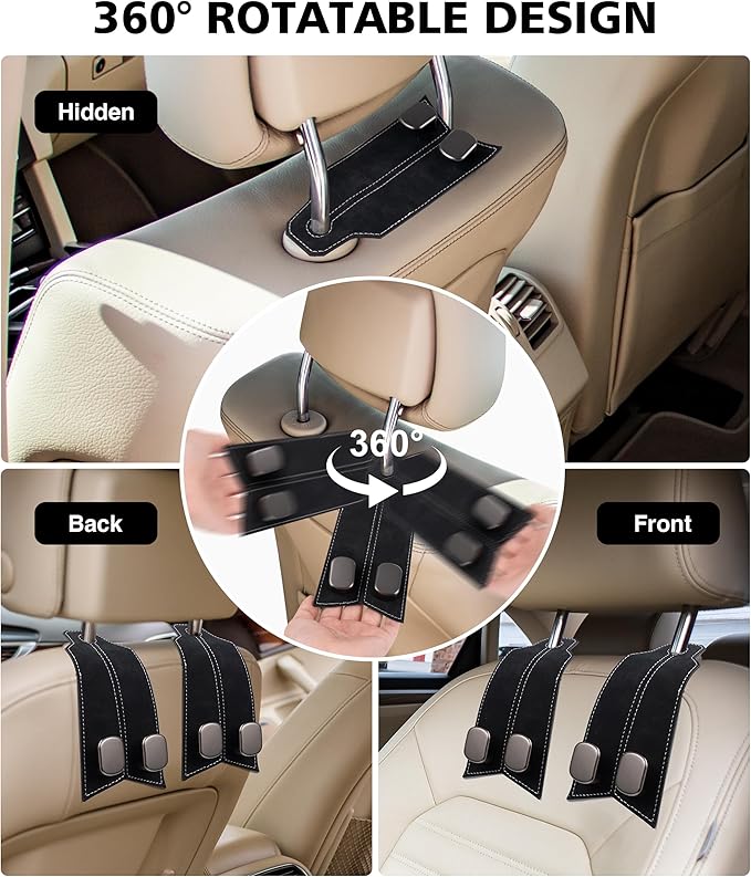 MOBIKEY Purse Hook for Car, Car Hooks for Headrest Car Seat Hooks Purse Hanger for Car 100% Metal & Premium Leather 2025 Latest Car Organization Accessories for Bags, Purses, Phones etc (Black 2Pcs)