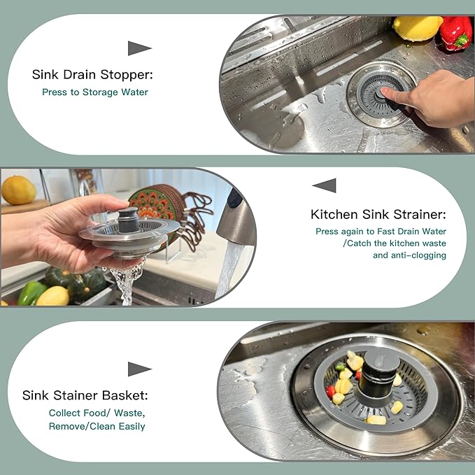Kitchen Sink Drain Strainer 3 in 1, 304 Stainless Steel Pop Up Sink Stopper, Anti-Clogging Sink Stopper, Kitchen Drain Catcher, Food Catcher for US Standard (Silver Brushed 2#)