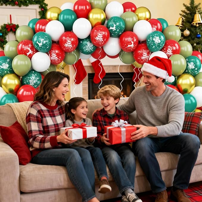 Christmas Balloons, Red Green Gold Balloons with Tree Elk Santa Claus Print Balloon, Retro Green Gold Red and White Xmas Party Balloon for Christmas Birthday New Year Winter Holiday Party Decorations