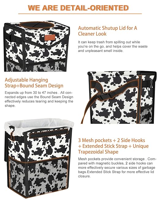 Pritent Car Trash Can with Lid, Cute Leakproof Car Trash Garbage Bag Hanging Vehicle Trash Bin Small Portable Automotive Garbage Cans Organizer for Back/Front Seat/Console(Trapezoid,Cow Print)