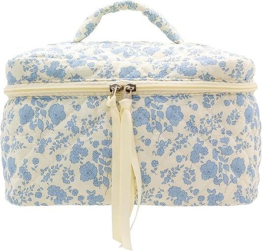 PAZIMIIK Cotton Makeup Bag for Women Large Quilted Travel Cosmetic Case Girls' Make Up Organizer,Little Flower Blue