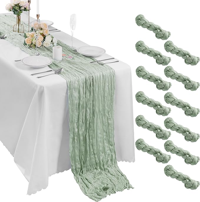 Bailarina 25 Pack Cheesecloth Table Runner 17x108 Inch Long Gauze Cheese Cloth 9ft Wrinkled Sheer Table Runner for Wedding Reception Birthday Party Table Decoration (Sage Green)
