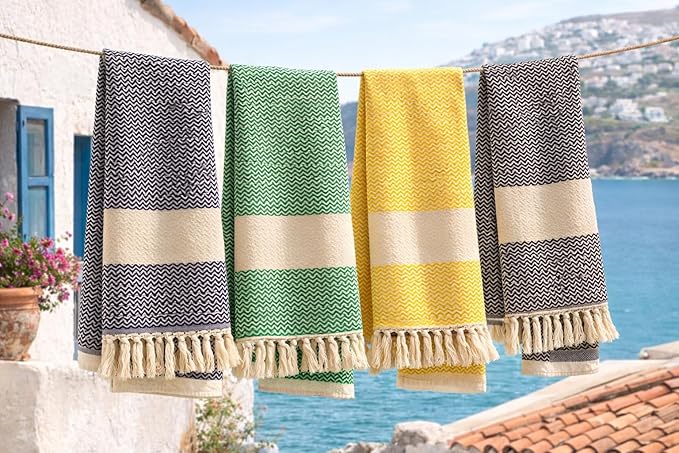 Clotho Turkish Towel Set of 4-100% Turkish Cotton Oversized Beach Towels 4 Pack - Quick Dry Thick Soft - Luxury Towel for Pool, Spa and Bathroom with Fringe