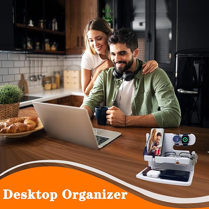Gifts for Women Girlfriend Him Men Dad Husband Boyfriend Nightstand Organizer Wood Phone Docking Station(White)