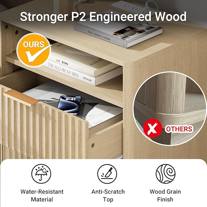 Fluted Nightstand with Charging Station, 18" Modern Farmhouse Night Stand, 2 Drawers End Table with Storage, Bedside Table for Bedroom Sofa Home Office, Curved Profile Design (Natural Oak)