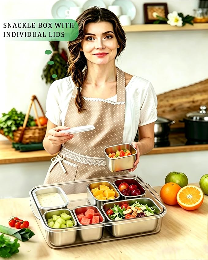 Snackle Box Container, Stainless Steel Divided Serving Tray with Lid and Handle, Large Snack Tray for Fruit Veggie Candy, 7-Compartment Snack Platter for Travel Party Beach Picnic