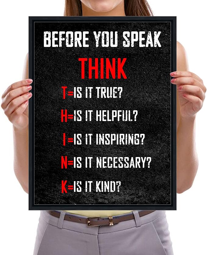 Pyradecor Black Framed Wall Art Inspirational Poster Canvas Prints Motivational Think Before You Speak Classroom Positive Quotes for Office Living Room Home Decorations