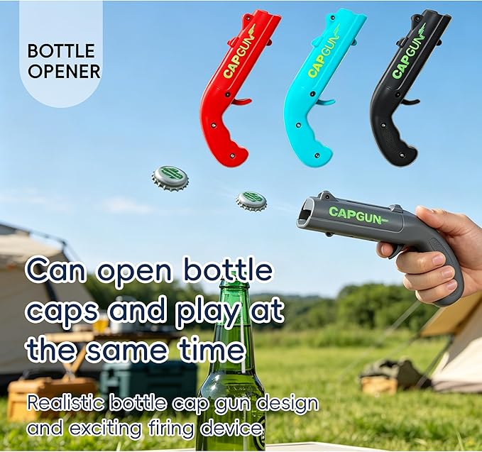 Cap Gun Bottle Opener, 4 Pack Bottle Cap Launcher Shooting Guns, Ultimate Party Opener Set for Adults, Cool Gadget Gifts for Men